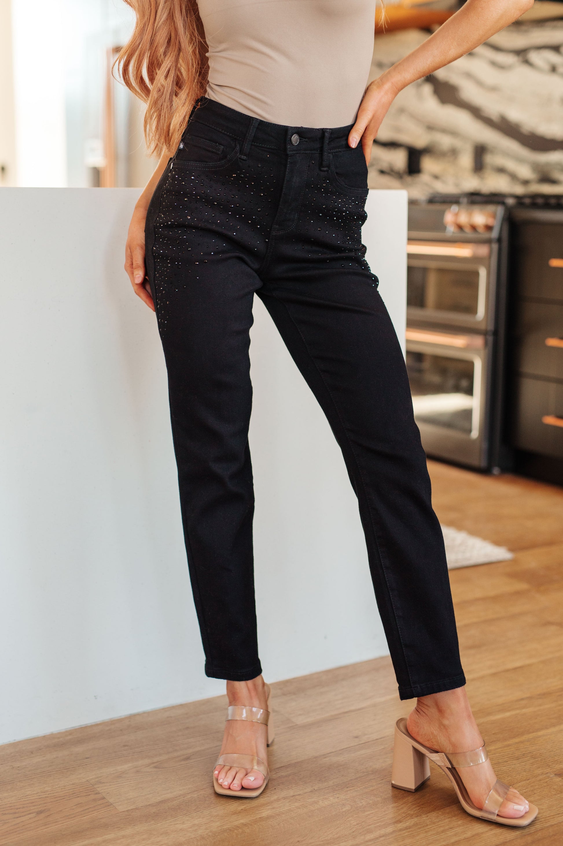 Reese Rhinestone Slim Fit Jeans in Black - Three Bears Boutique