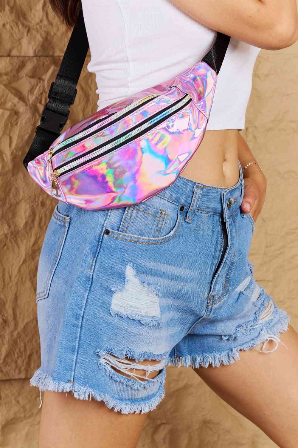 Fame Good Vibrations Holographic Double Zipper Fanny Pack in Hot Pink - Three Bears Boutique