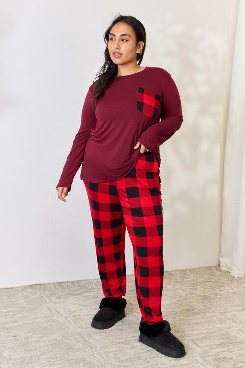 Zenana Full Size Plaid Round Neck Top and Pants Pajama Set - Three Bears Boutique