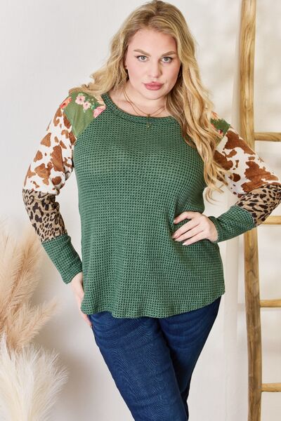 Hailey & Co Full Size Waffle-Knit Leopard Blouse - Three Bears Boutique