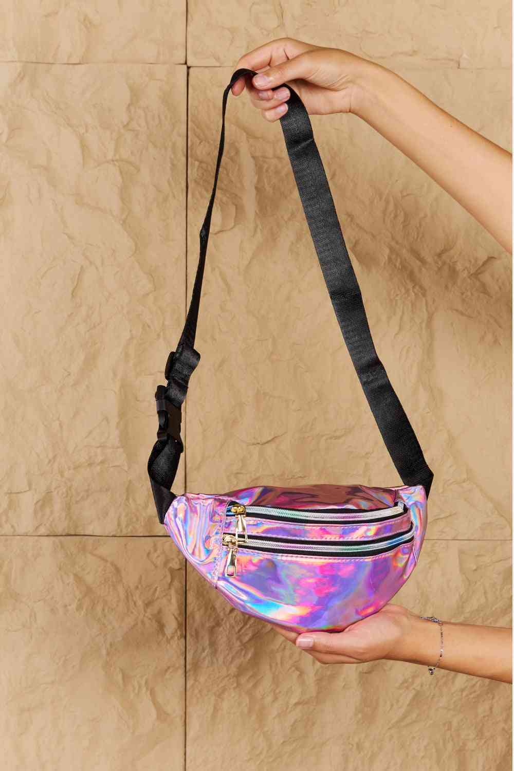 Fame Good Vibrations Holographic Double Zipper Fanny Pack in Hot Pink - Three Bears Boutique