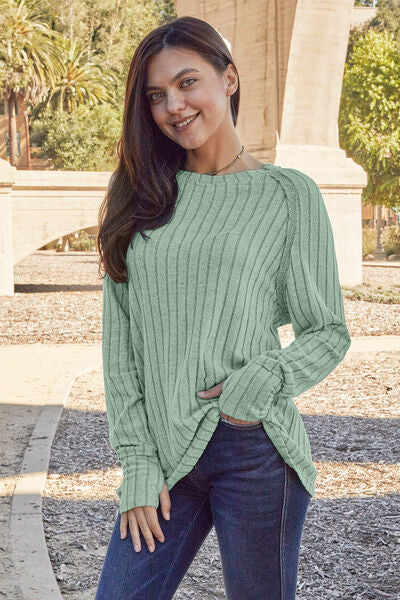 Basic Bae Full Size Ribbed Round Neck Long Sleeve Knit Top - Three Bears Boutique